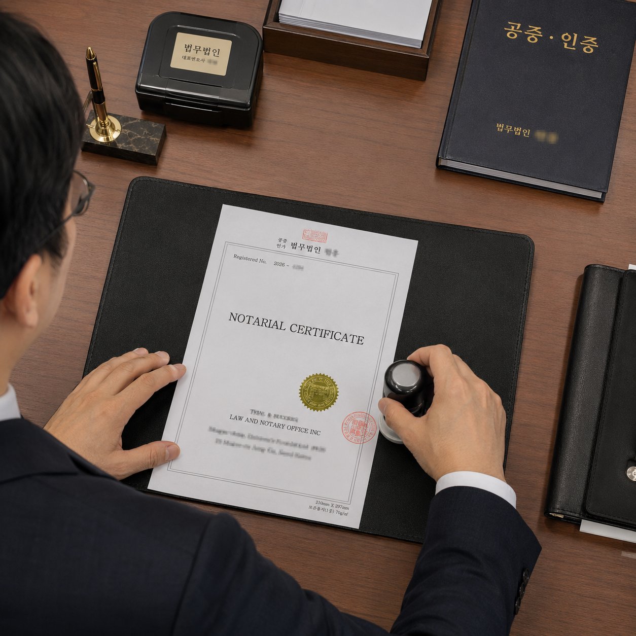 담당자가 공증 인증서에 직인을 찍으며 번역공증 절차를 진행하고 있습니다